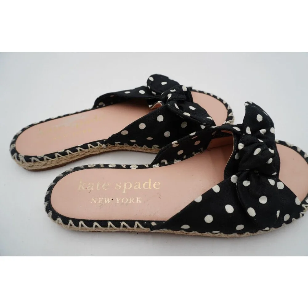 Kate Spade New York Saltie Shore Espadrille Slide Sandals Black Polka Women's 8B